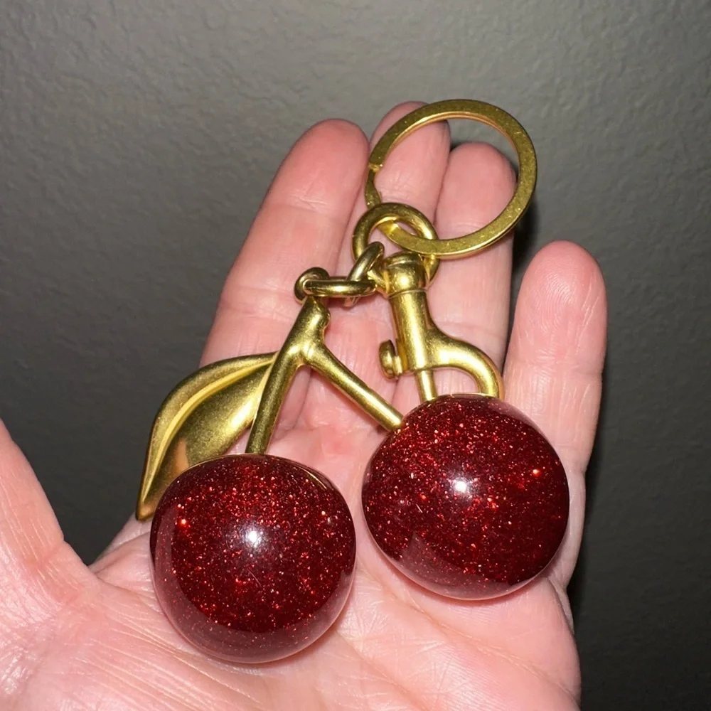 Sparkle Cherry Keychain with brushed gold hardware great to clip into your bag